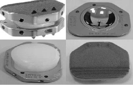 Figure 1: B.Braun Spine disc - Active-L spinal disc prosthesis (Top Left), Upper or Superior end-plate (Top Right), Lower or Inferior end-plate with UHMWPE inlay material (Bottom Left) and Outer side of end-plates with anchor studs and porous titanium & Ca