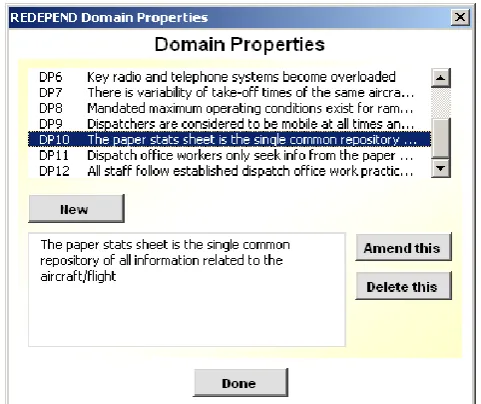 Figure 8: Domain property management in REDEPEND for all of the satisfaction arguments contained in the VANTAGE system model 