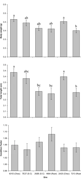Figure 10. Least squares means for dam 2E55 Keo Fish Farms progeny (±SE) for Phase I body  weight, total length, and condition factor
