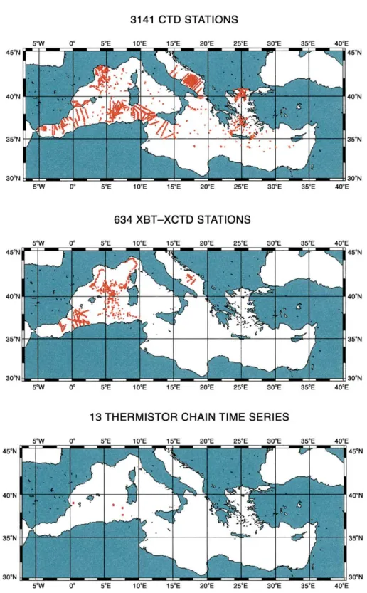 Fig. 3. Position of the hydrological measurements high-resolution CTD, XBT and XCTD (including low-resolution temperature profiles from drifting profilers), thermistor chains.