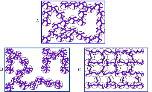 Fig. 1.6:  Fig. 1.6: Fractal dimension (A vs. B) and flock size (A vs. C) effects on a gel structure (Zhong, 2003).Fractal dimension and flock size effects on a gel structure 