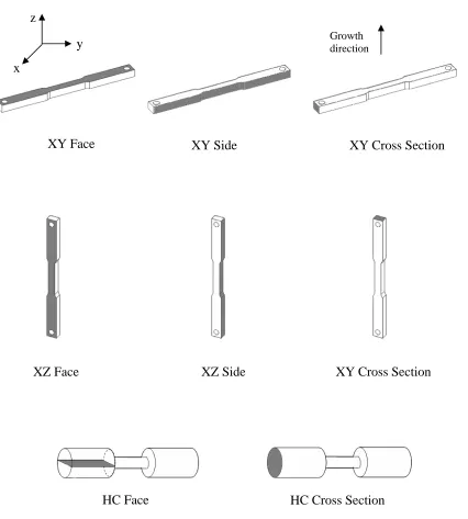 Figure 3.4.  XY, XZ and HC sample geometries. Surface planes investigated in this study are 