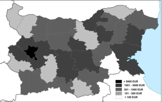 Figure 1. Regional distribution of FDI stock per capita in Bulgaria, 2008 