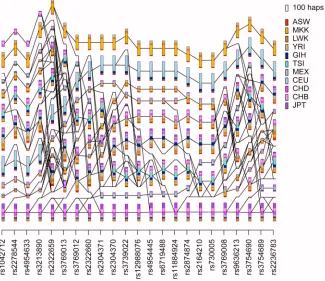 Figure S1 is similar to Figure 1 in the main paper, but has transitions added.  The transition lines show possible transitions between clusters that a haplotype can make as it moves from one marker position to the next