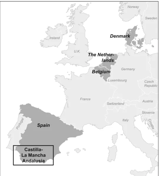 Fig. 1 The study included 98 comparable shallow lakes: 32 lakes in Denmark (DK), 34 lakes in Belgium/The Netherlands (BNL) and 32 lakes in Spain (SP)