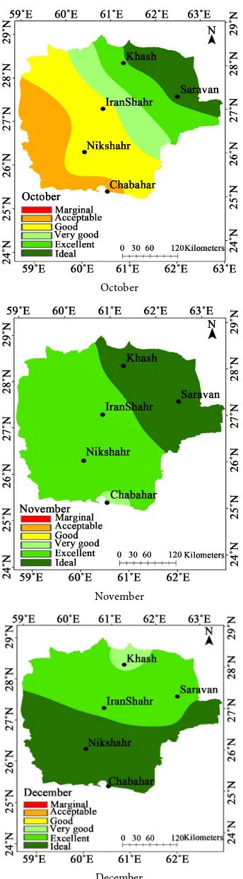Figure 5. Geographical distribution of TCI in October, November and December for Ba-luchestan region of Iran