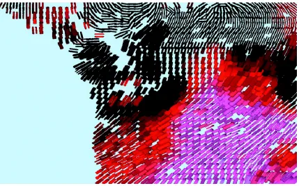 Figure 1.2: Visualization of weather conditions over the west coast of the United States during January; imagewas generated using the simulated brush stroke method with a data-feature mapping of: temperature → colour,wind speed → orientation, pressure → coverage, precipitation → size.