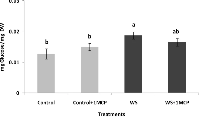 Figure 6. Effect of water-deficit stress and 1-MCP application on pistil glucose content