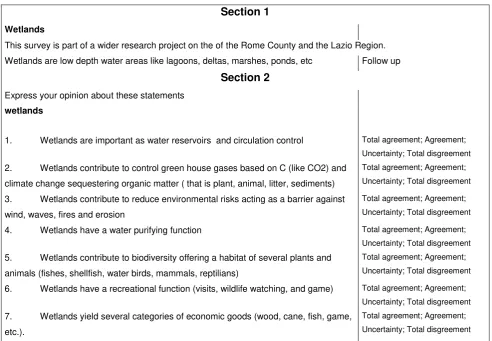 Table 1 Description of the first two sections of the questionnaires. The second section lists the wetlands ecological functions / benefits as stated by scientific / normative ecological knowledge to what respondents were asked to comment on