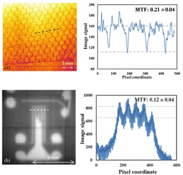 Figure 6. (a) Radiograph imaging of a titanium object with internal fine structure using image plate detector in contact (magnification 1) alongside a line profile of the area indicated by the dashed line and (b) radiograph of a 5 mm thick tungsten plate wire cut with 200 width slits imaged using the CsI detector under high magnification (magnification 10), alongside a line profile of the area indicated by the μm dashed line.