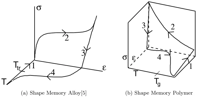 Figure 1. Thermomechanical cycle of (a) shape memory alloys and (b) shape memory polymers.