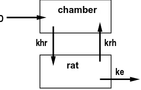 Figure 1.3: Schematic representation of the open two-compartment (O2C) model for for CClbetween the chamber and rat and vice versa, and4gas uptake experiment