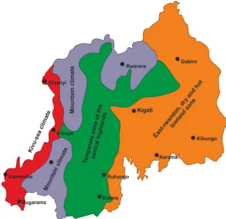Figure 2. The climate zones of Rwanda, based on data from 1931-1960 (based on [13]). 