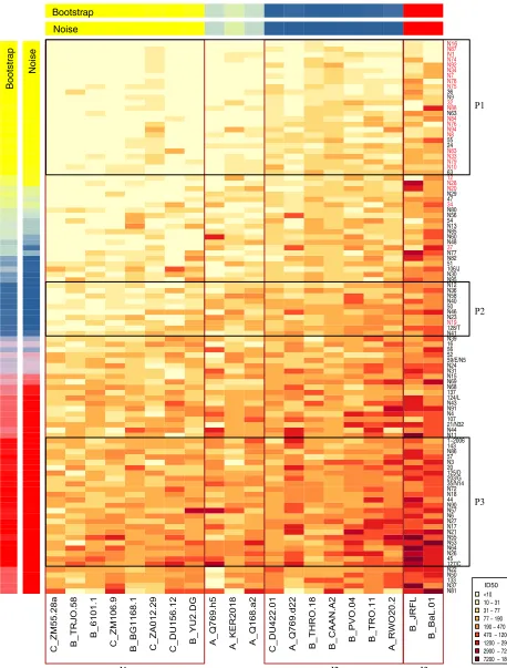 FIG. 2. Heat map and clustering analysis of serum. ID50 values of 103 sera against 20 isolates are shown