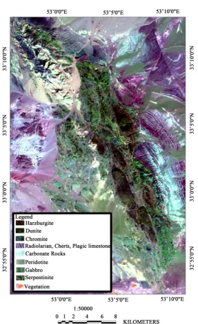 Figure 3. Composite band of OIF index where the green Gabbros and red-black Dunite and Chromite are displayed by dark blue and Vegetation is orange