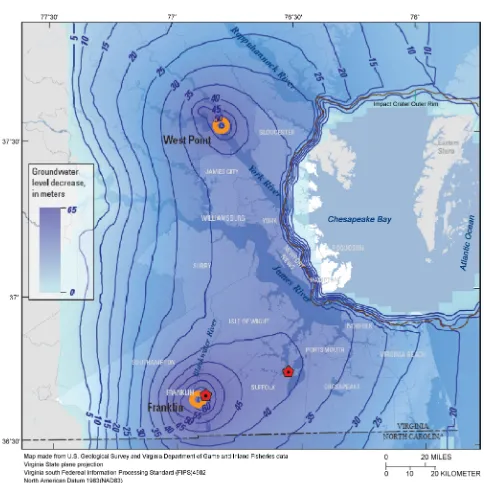 Figure 3. Chesapeake Bay groundwater water-level decreases, 1900 to 2008. (Source: USGS.) 