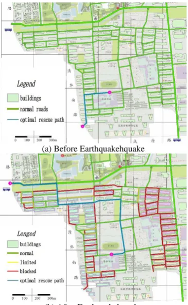 Figure 8. The optimal rescue path before and after the earthquake. 