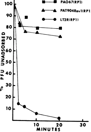 FIG.MINUTESphagethat 3. Adsorption kinetics of PRD1. Unadsorbed was determined as described in Table 4 except a multiplicity of one phage per bacterium wasused.