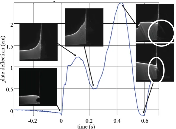 Fig. 18. Experimental plate deflection at 0.3623m from the bottom of the plate and the corresponding spatial wave profile images taken in the experiment[48]