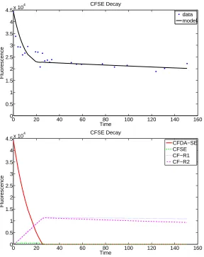 Figure 8: Top: A plot of Model 2.3 against the ﬁrst data set from Donor 1, using Michaelis-Menten kinetics forall conversion rates; Bottom: the individual components of the system (18).