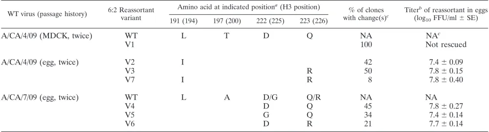 TABLE 1. HA sequences and reassortant virus titers of novel H1N1 variants
