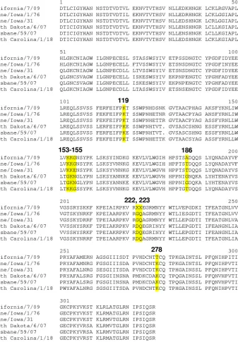 FIG. 2. HA1 protein sequence comparison of A/CA/7/09, A/swine/Iowa/1/76, A/swine/Iowa/31, A/SD/6/07, A/Brisbane/59/07, and A/SouthCarolina/1/18 (GenBank nucleotide sequence accession numbers FJ969540, CY022069, CY009628, EU516090, CY030230, and AF117241, re-