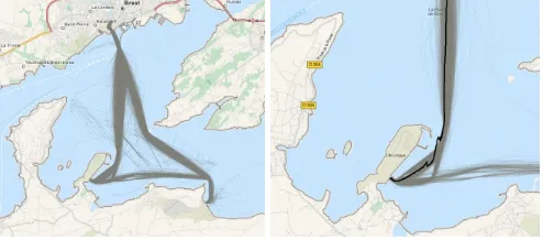Fig. 8. Trafﬁc in the Brest harbor (left) and in its south-west part (right).