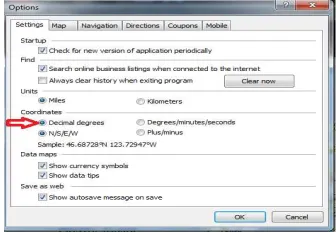 Figure 3.1This ﬁgure shows the Options dialog box in Map Point. We use it to convertthe latitude and longitude coordinates to decimal degrees.