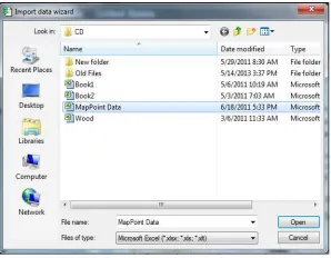 Figure 2.3This ﬁgure shows the Map Point dialog box that lists the Excel spreadsheets inthe Excel workbook.