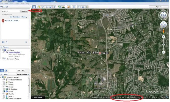 Figure 4.1This ﬁgure shows Google Earth. It shows how to geo-code a county with-in astate.