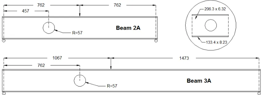 Fig. 2: Geometrical properties of the test specimens (all dimensions in mm) 