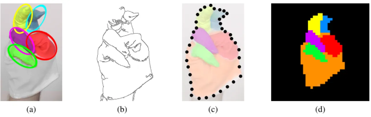 Figure 3.1: Features on which the existing systems operate: (a) the bounding ellipse features similar to those used in [91] with the image edited to resemble the glove used in that publication