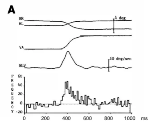 Fig. 1. Monkey vergence response reproduced from Gamlin & Mays (1992), showing the right and left horizontal eye position traces (HR, HL), the difference trace of vergence amplitude (VA), the corresponding vergence velocity trace (HLV) and the con-comitant