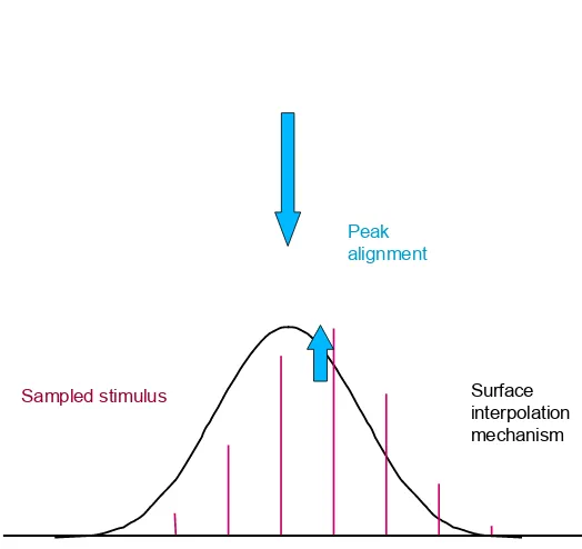 Fig. 3. Schematic of the surface interpolation task.  The vertical bars represent the sampled depth information (luminance, disparity, or both)