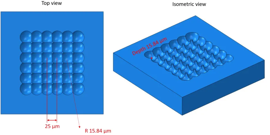 Figure 1.3. A 6x6 concave spherical lens features on a mold. Diameter of each feature = 15.84 