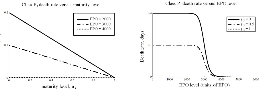 Figure 5: Death rate in class P3 is a function of both maturity level, µ3, and EPO level