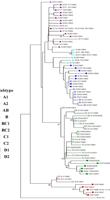 FIG. 3. Phylogenetic relationships among 10 subtypes and two reference strains based on the analysis of the 1,027-nt sequences in theNS1-VP1u region