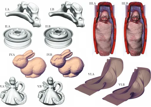 Fig. 8. The Lambertian shading using original normals (A) versus statistical shading model (B) shown on various datasets: I – cervical and II –pulley [6], III – a CT scan of a mummy, IV and V are geometry representations of laser scans of a bunny and an angel, and VI – a stream surface.