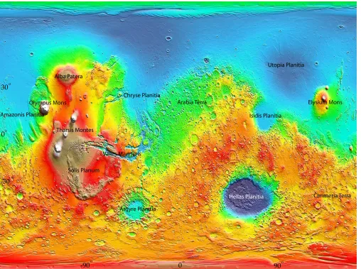 Figure 1.3: Mars Orbiter Laser Altimeter (MOLA) topography (warmer colors indicate higher terrain) with major surfacefeatures labeled