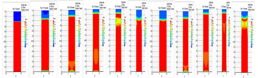 Figure 4  Contours of volume fraction of coal (size 2mm)  at air velocity  1.25 m/s  for initial bed height of 0.1 m (10 cm) and time from 0,0.1,0.2,0.3,0.4,0.5,0.6,0.7,0.8,0.9 and 1.0 sec   