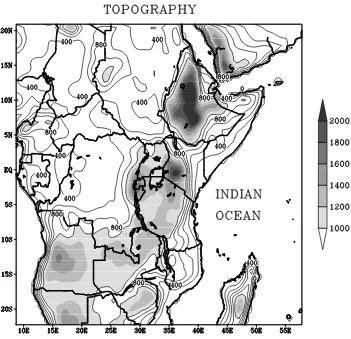 Figure 2.1: Topographical features of the outer domain, with areas higher than 1000m shaded 
