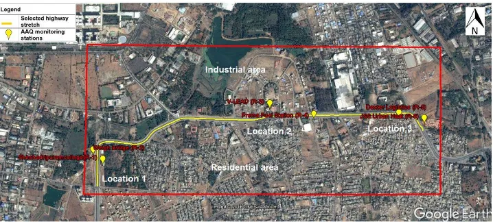 Fig. 1. Study area showing the AAQM locations along the highway passing through the industrial area of Mysuru