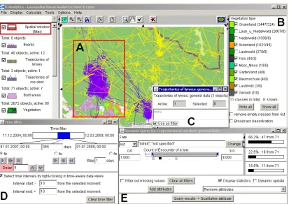 Figure 3: Interactive data filters. A) Spatial window. B) Class-based filter. C) Object filter