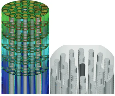 Figure 5. Temperature contours in element 2 (left) and schematics of the right and left handed pins