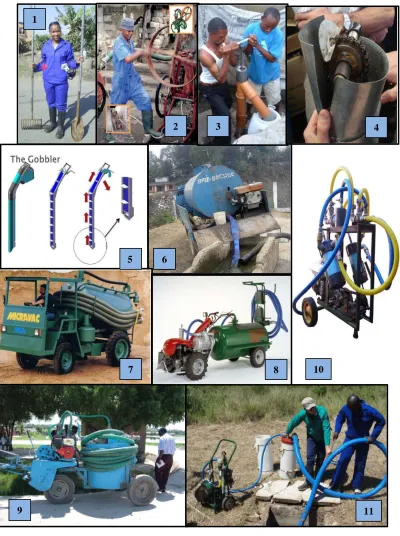 Figure A.8 Current pit latrine technologies described in Table 2. 1: Long handled manual tools, 2: MAPET system, 3: the Gulper, 4: the Nibbler, 5: the Gobbler schematic, 6: typical vacuum tanker, 7: the Micravac, 8: the Dung Beetle, 9: the Vacutug, 10: the