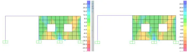 Fig 14 Force F22 Pattern Contour (in kN/m) for Wall Panels without Raft model: Temperature Load Case                           (a) Matched Meshing                     (b) Mismatched Meshing with edge constraints  