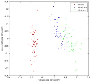 Figure 2.1: A 2-dimensional representation of the iris data given by PCA.
