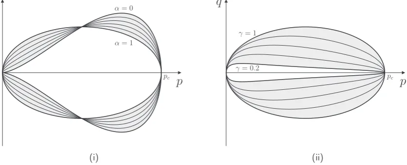Fig. 2. Yield surfaces for the two-parameter Critical State hyperplastic models: (i) a 2 [0,1] with c = 1 (ii) c 2 [0.2,1] with a = 1.
