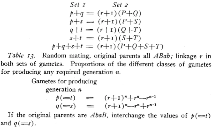 Table 13. both sets Random mating, original parents all ABab; linkage Y in of gametes