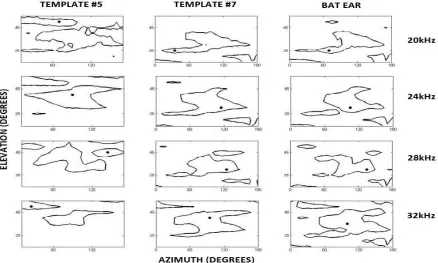 Figure 7. Evaluation of beam patterns: main lobe extension in azimuth and elevationand orientation of maximum gain in beam pattern of bat compared to those of receivers5 and 7.